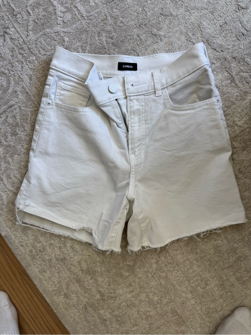 Express White Raw-Hem High Rise Denim Shorts